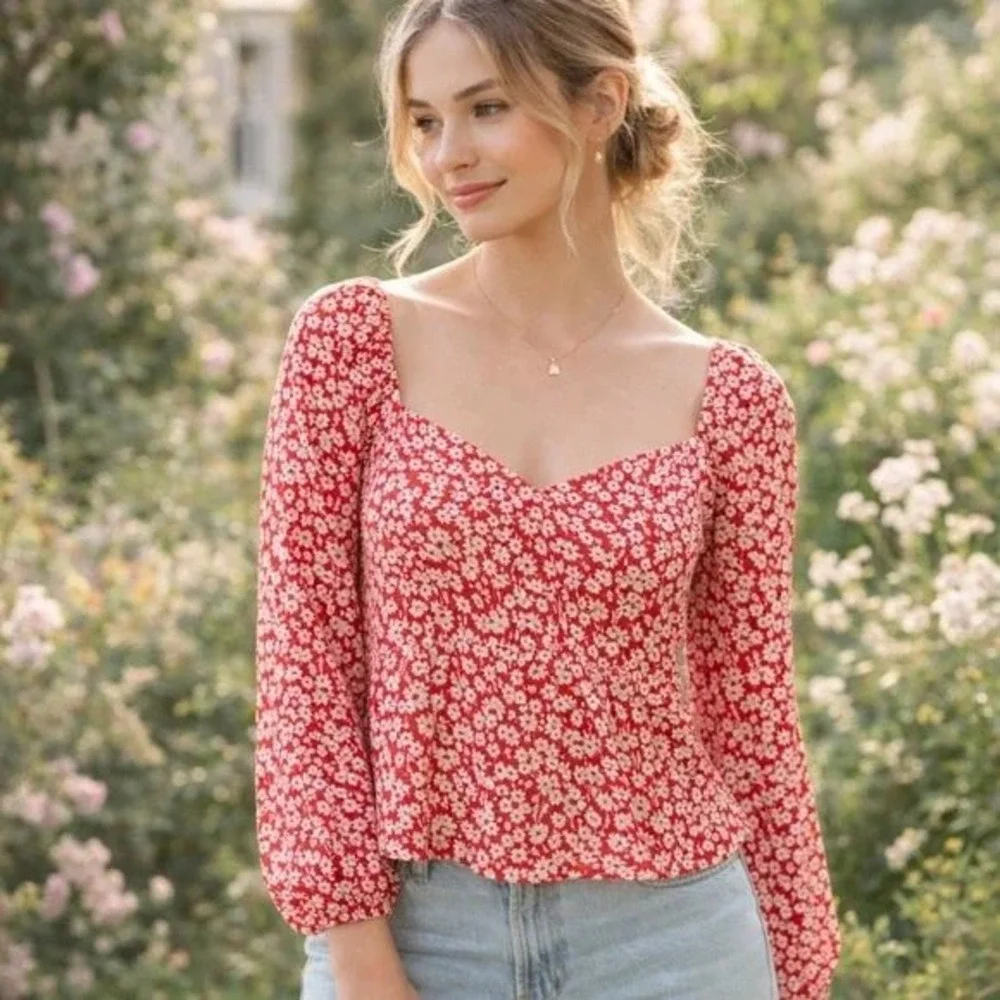 Boden Red Ditsy Floral Sweetheart Printed Square Neck Top‎ Blouse Size 6